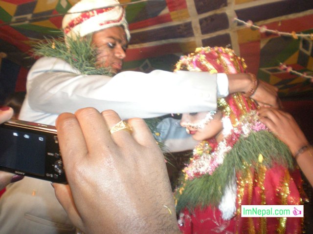 bride and bridegroom are in swayambar Hindu marriage bibah ceromoney Madhesh Terai Mithila Nepal