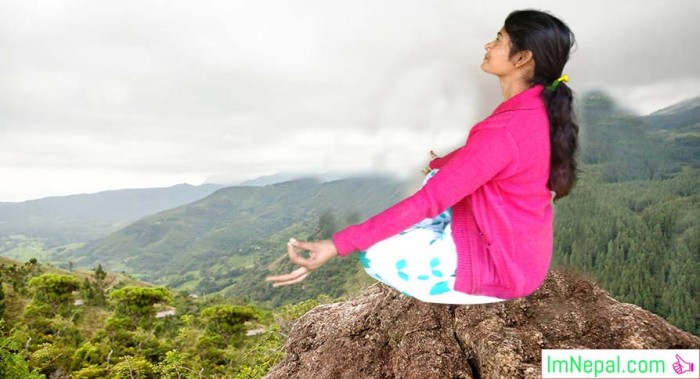 Hike Yoga Meditation Nourish a girl himalayas hills area Nepal
